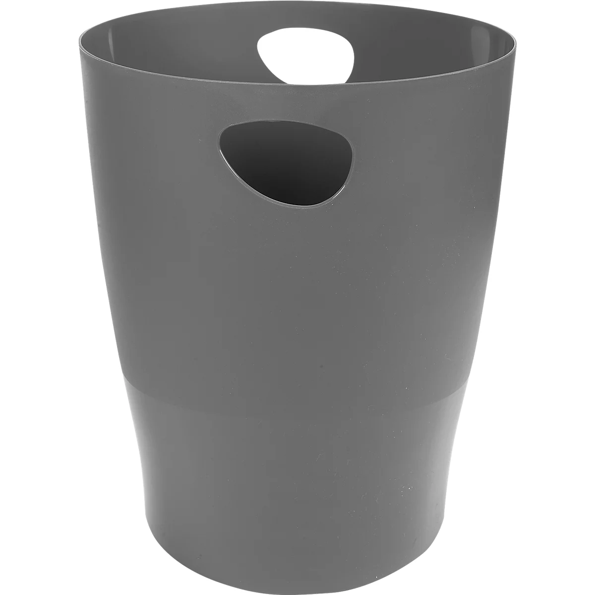Poubelle cylindrique en plastique gris. Elle a deux trous de poignée ovales et un large bord.