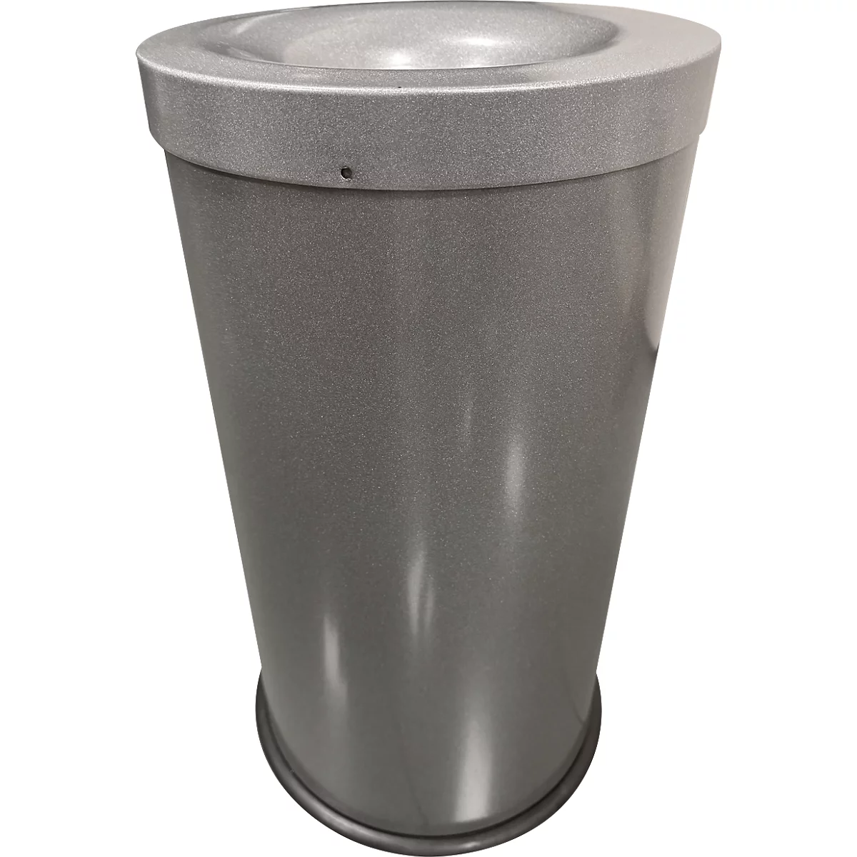 Poubelle ronde en métal gris avec un couvercle légèrement concave.