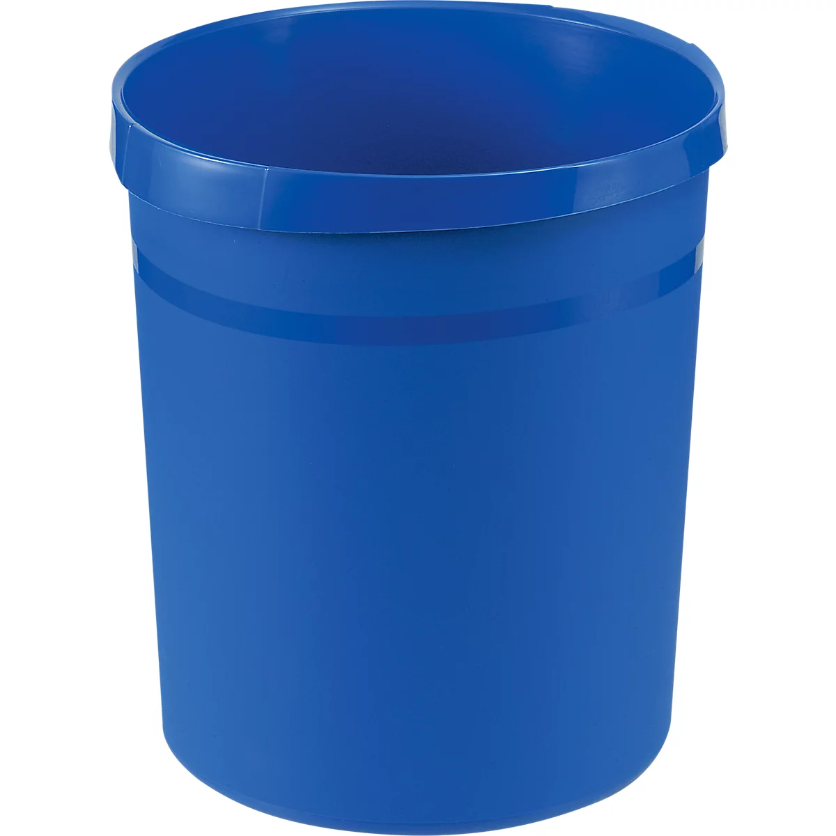 Poubelle cylindrique bleue, avec un bord surélevé et une ligne circonférentielle.