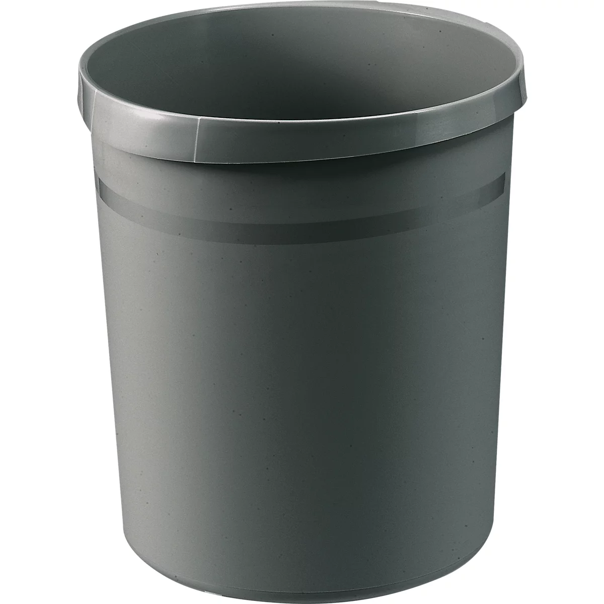 Poubelle cylindrique grise, sans contenu. En haut se trouve un bord étroit, légèrement saillant.