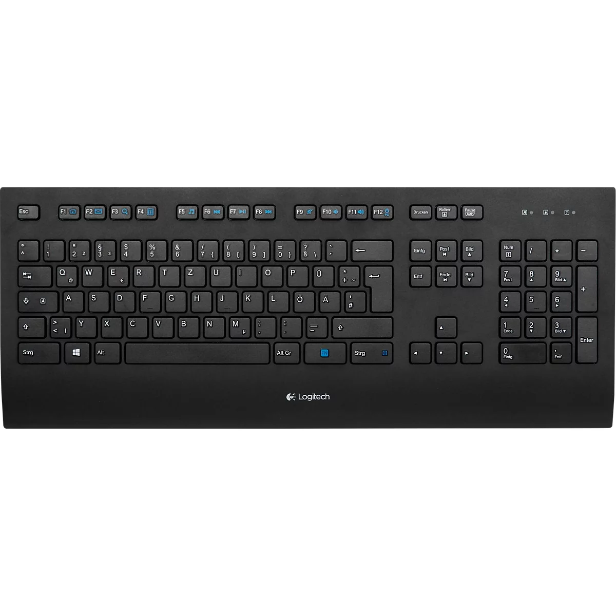 Schwarze Logitech Tastatur mit deutschem QWERTZ-Layout in Draufsicht vor neutralem Hintergrund.