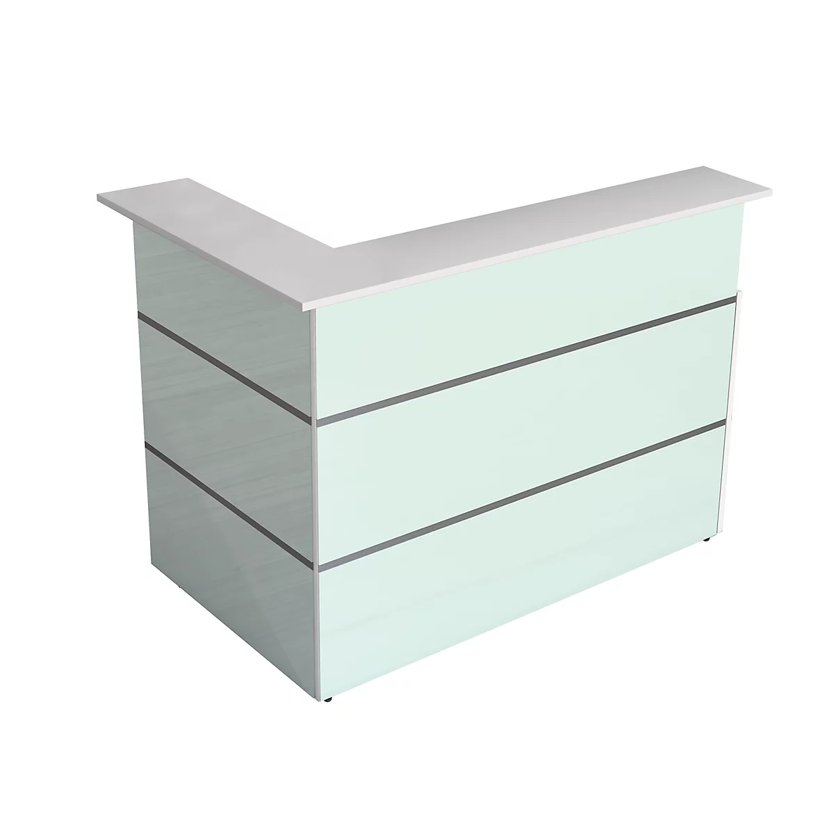 Corner reception desk in white and light green. The counter surface is white. Three gray lines separate the front panels.