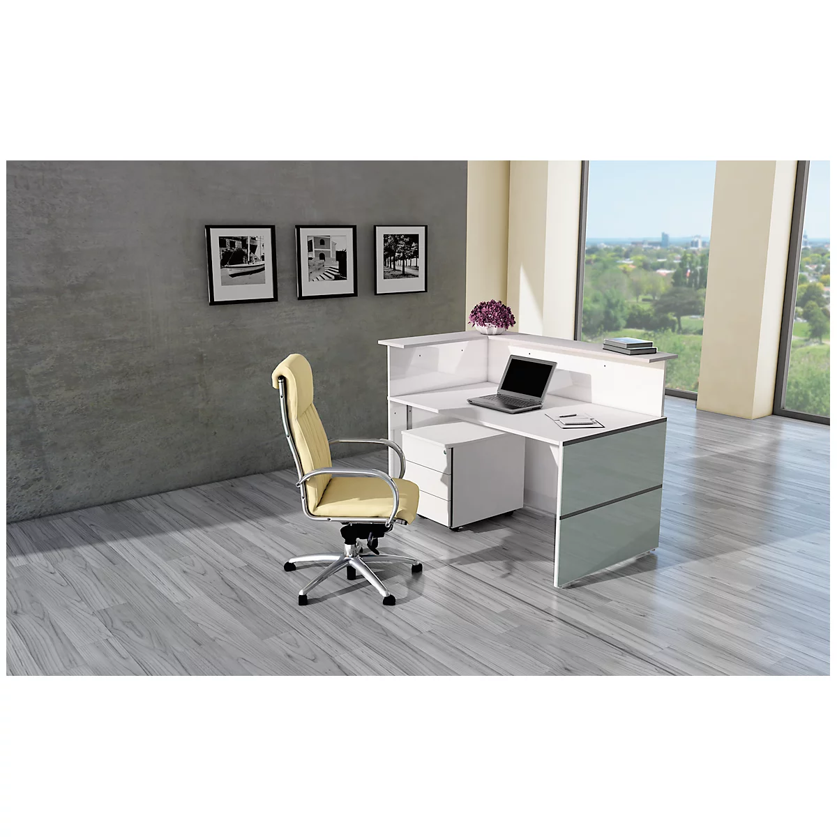 Modern reception desk with laptop, chair, and art on the wall.