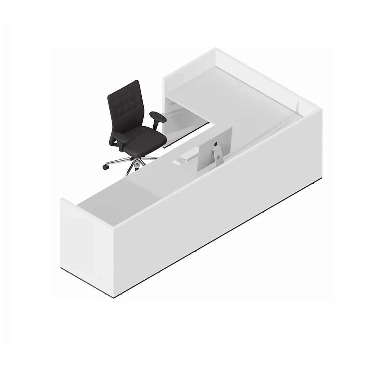 White reception desk with black office chair and computer. Clean lines and minimalist design.