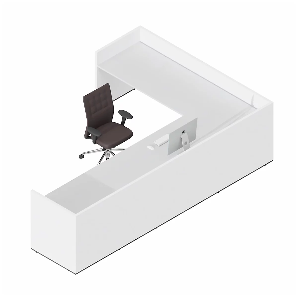 White L-shaped desk with brown office chair and monitor.