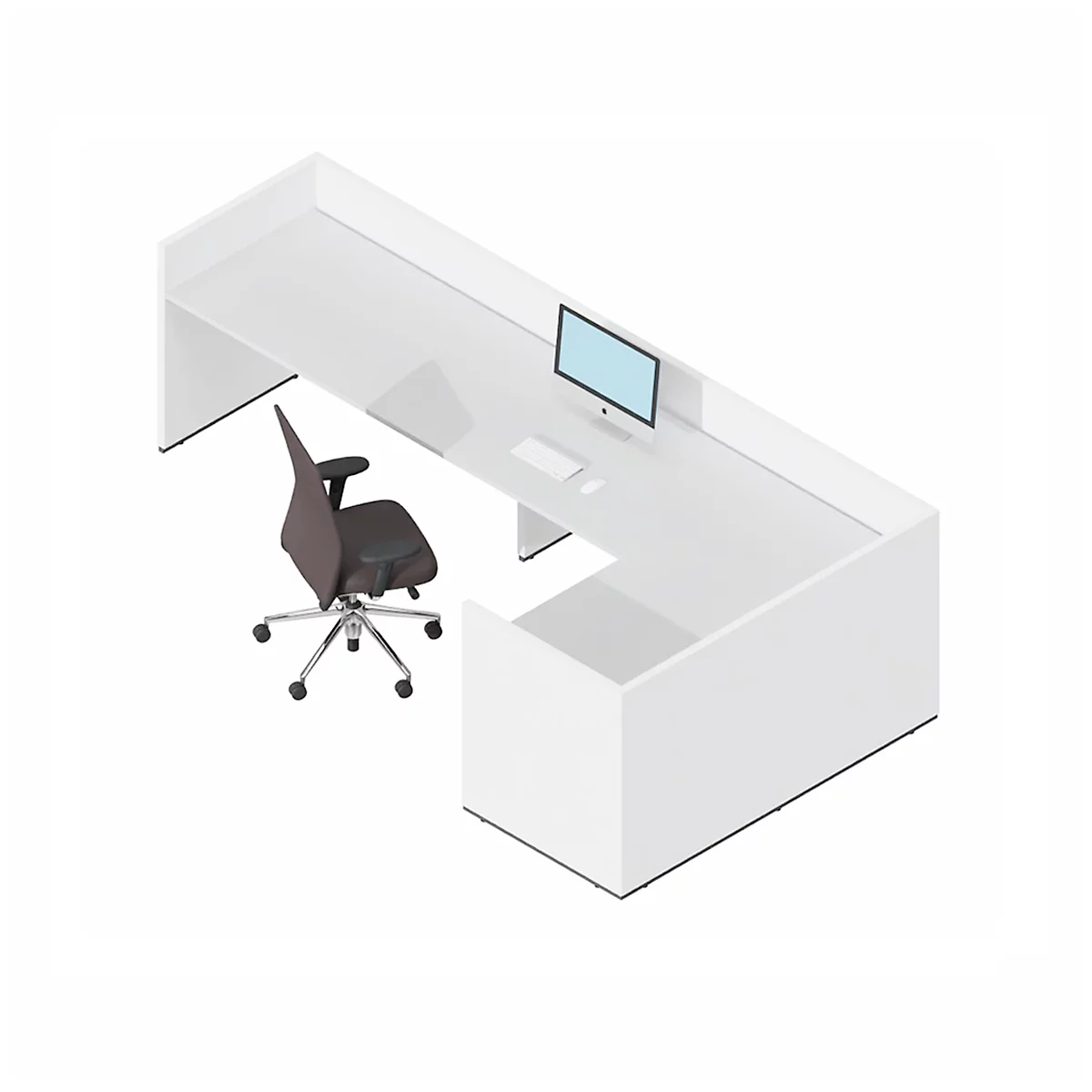 A white desk with a brown office chair and computer monitor.