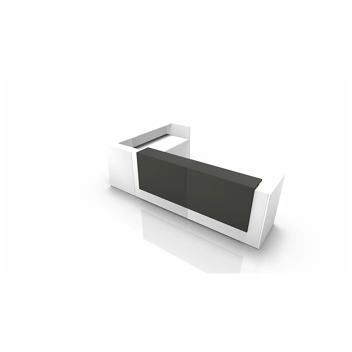 White, modern reception desk with gray front, isolated on white background.