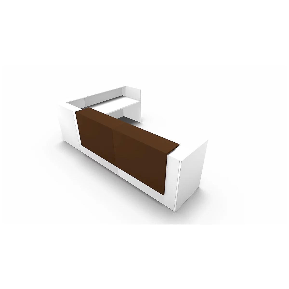 White reception desk with brown front, on a white background.