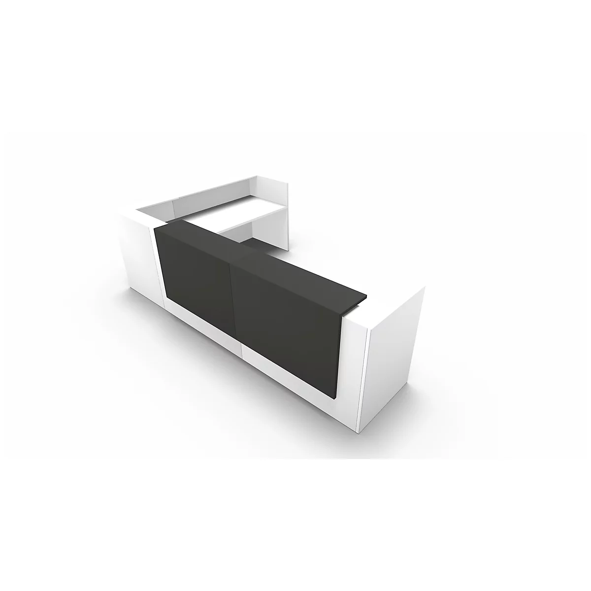 Three-quarter view of a white reception desk with a black top against a white background.