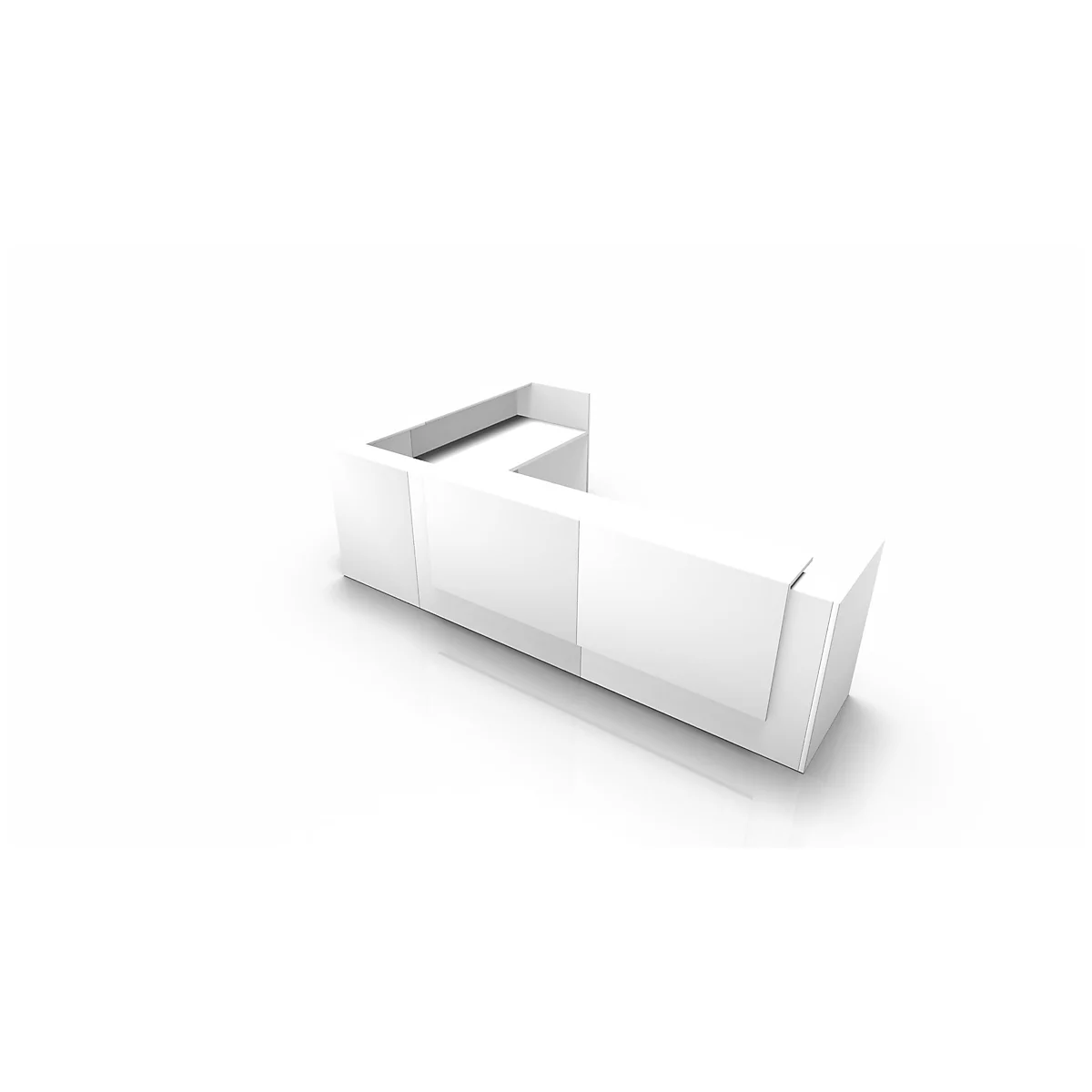 White L-shaped reception desk against a white background.