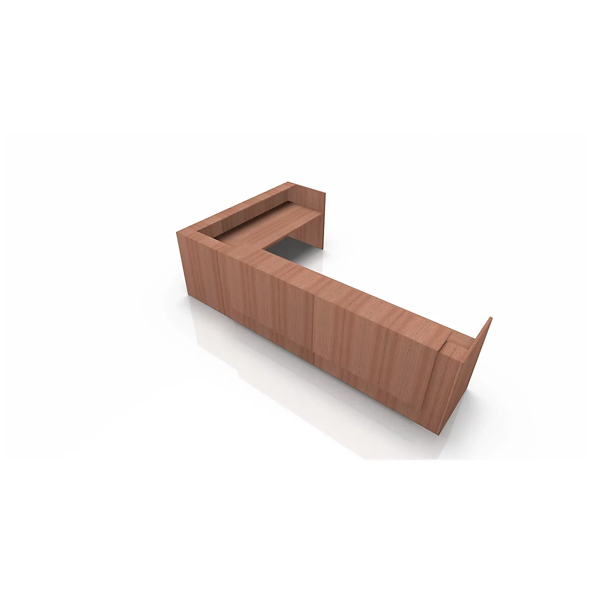 A brown, L-shaped desk against a white background.