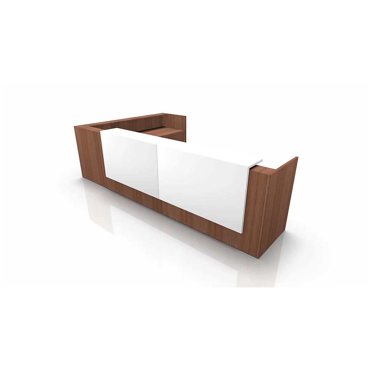 A rendering of a wooden reception desk with a white countertop. The desk stands on a white background.