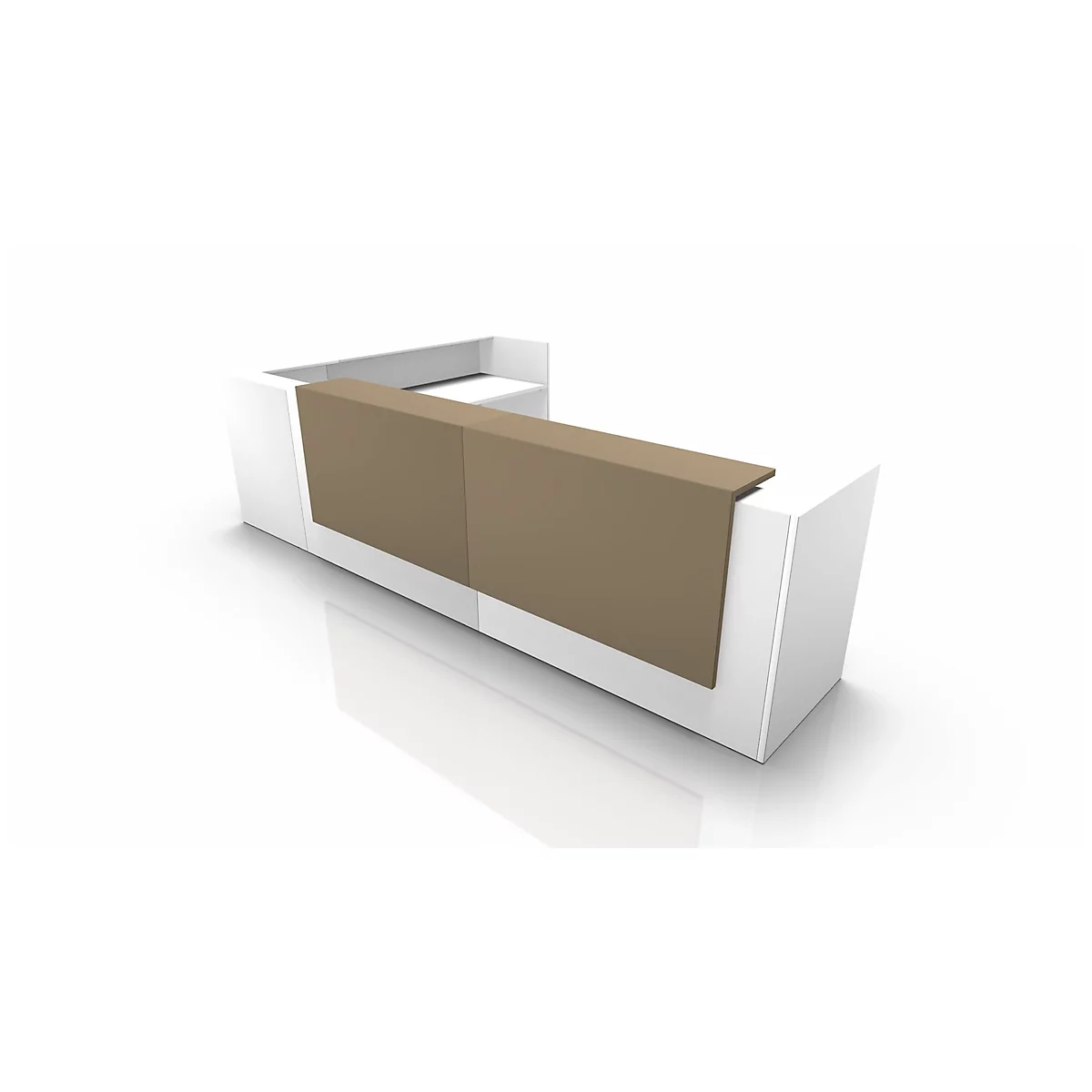 White, modern reception desk with brown front and white work surface.