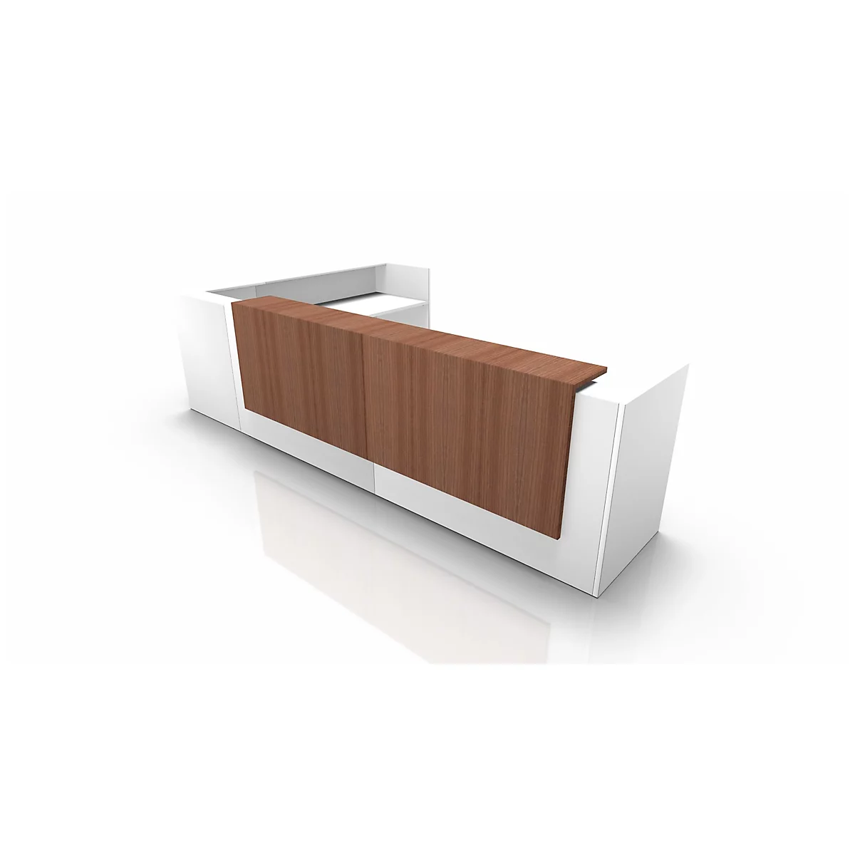 A rendering of a white reception desk with a wood paneling. The counter stands against a white background.