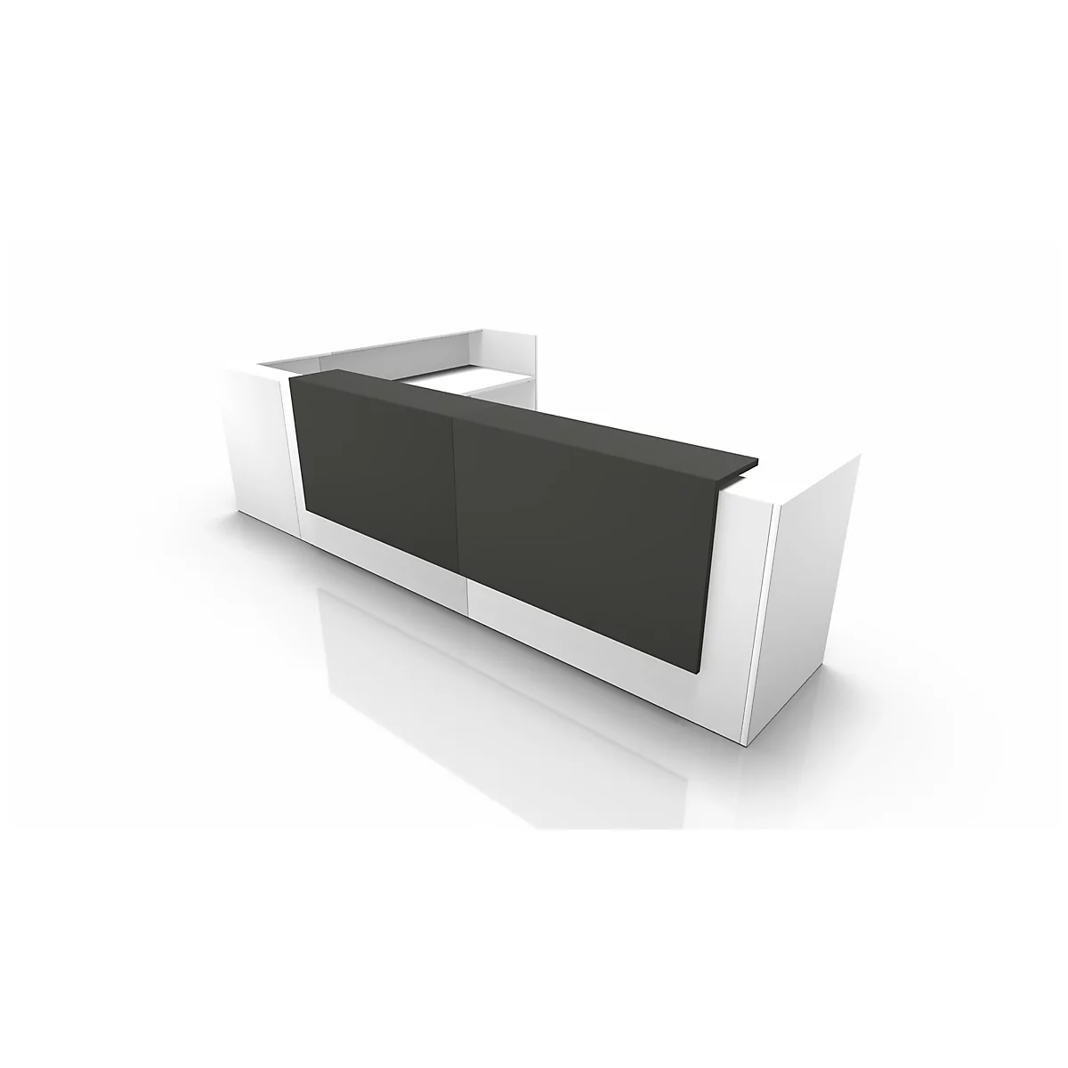 White reception desk with black front on a white background.