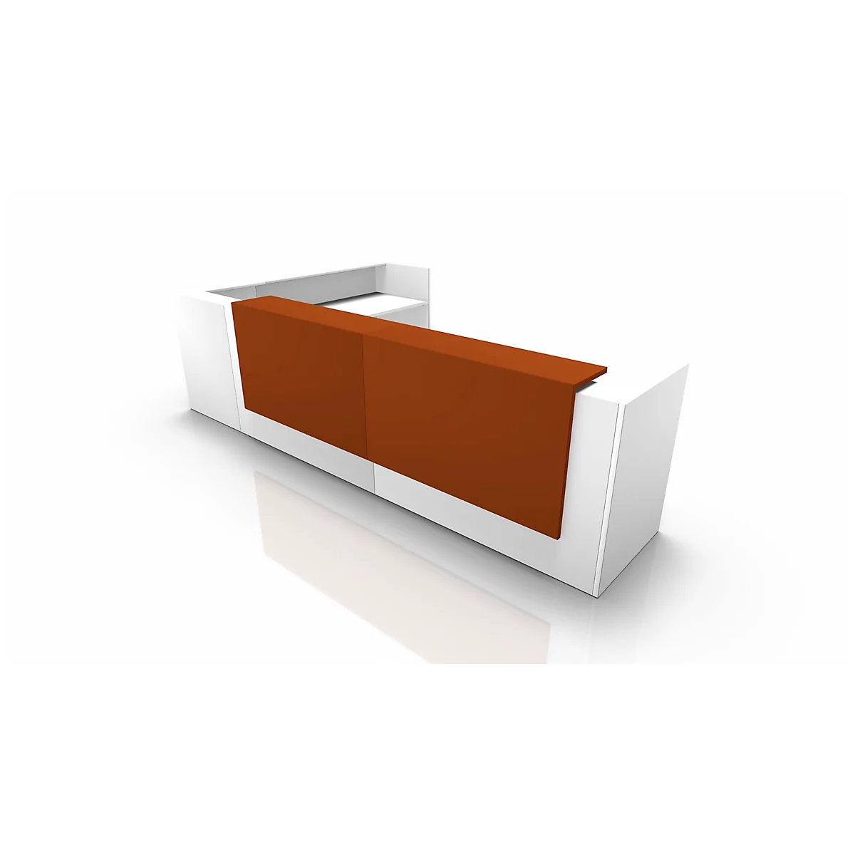 Modern reception desk, white with brown front.