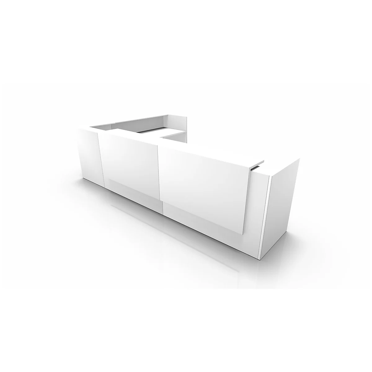 A rendering of a white reception desk with sharp edges against a white background.