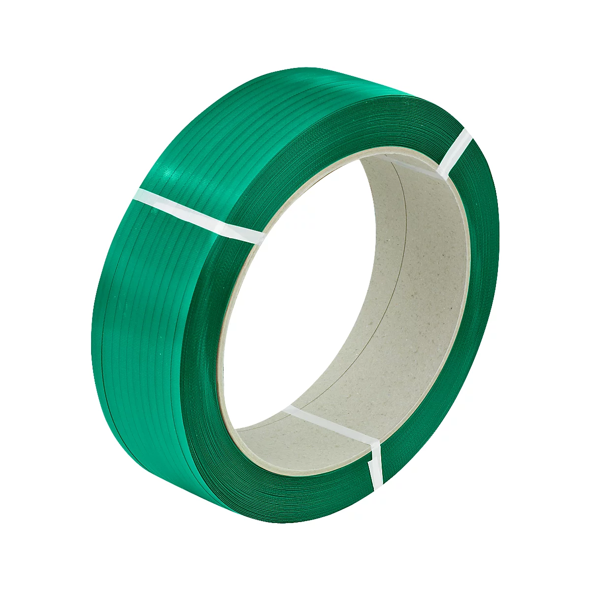 Correa de poliéster PET, L 1500 m x A 15,5 mm, grosor 0,9 mm, núcleo Ø 406 mm, hasta 534 kg, 100 % material reciclado, verde, gofrado