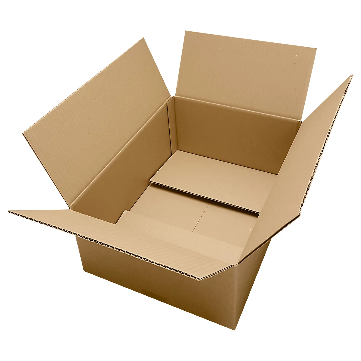 Opened brown cardboard box from above. The sides are unfolded. The inside of the box is empty.