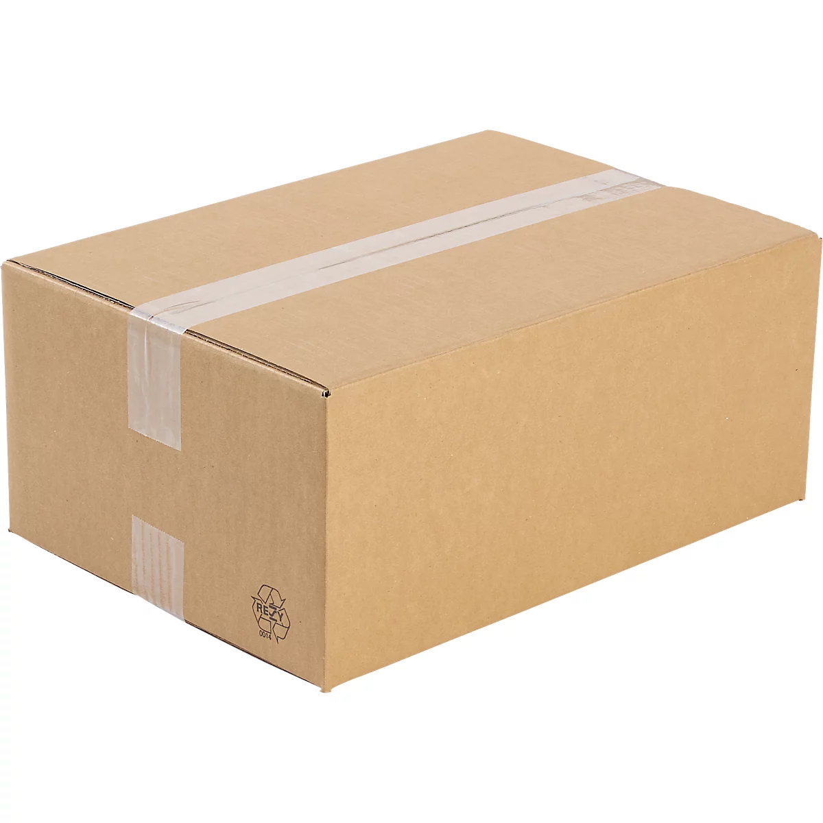 A rectangular cardboard box in brown, sealed with tape.