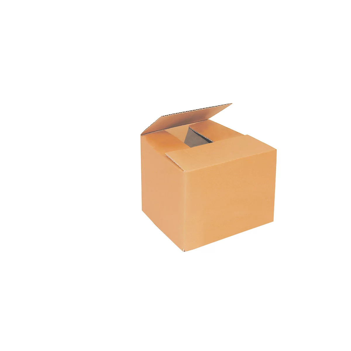 An open, brown cardboard box against a white background. The top flap is slightly raised.