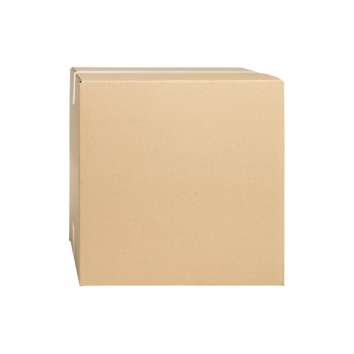 A square, brown cardboard box. The adhesive tapes are white.