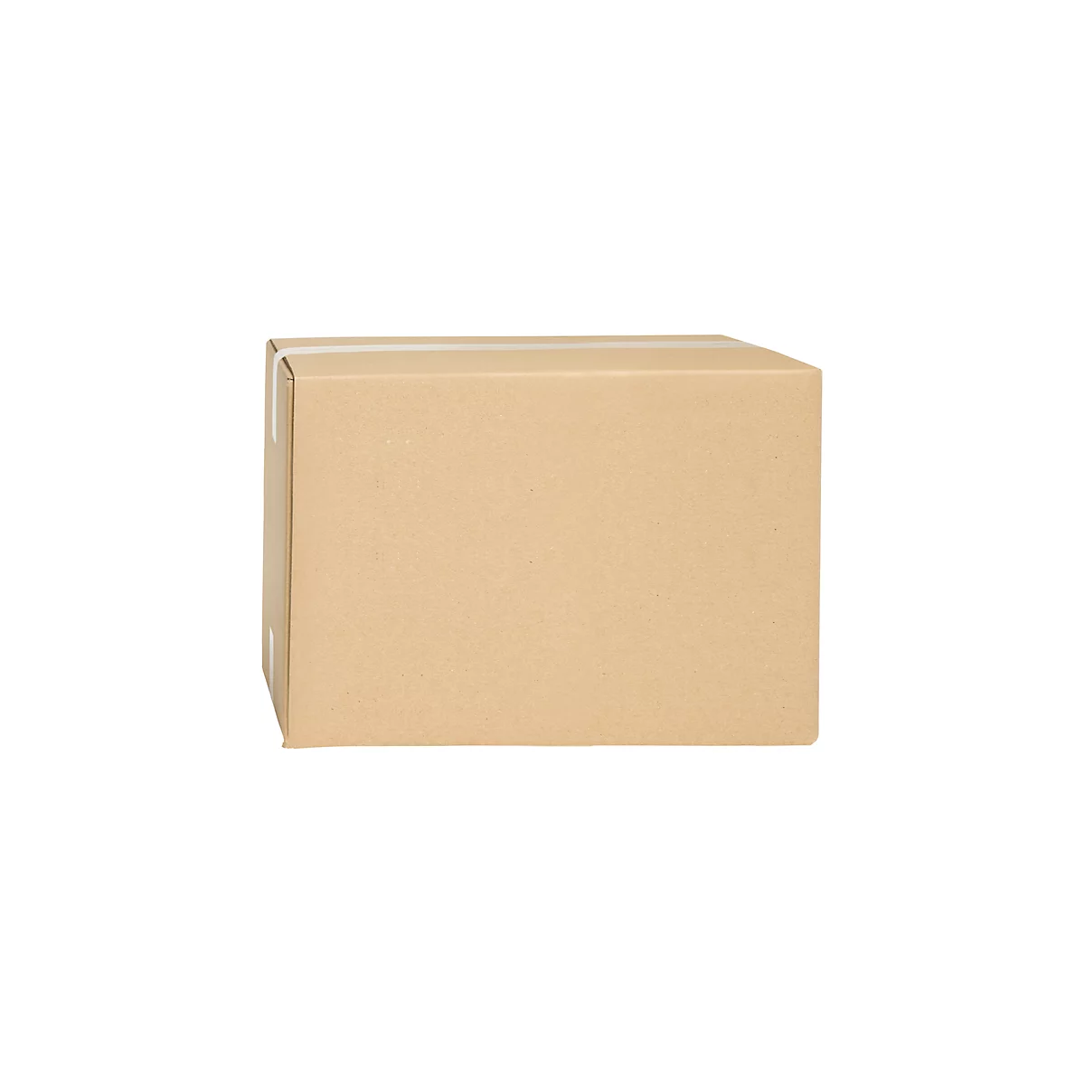 A closed, brown cardboard box with white tape.