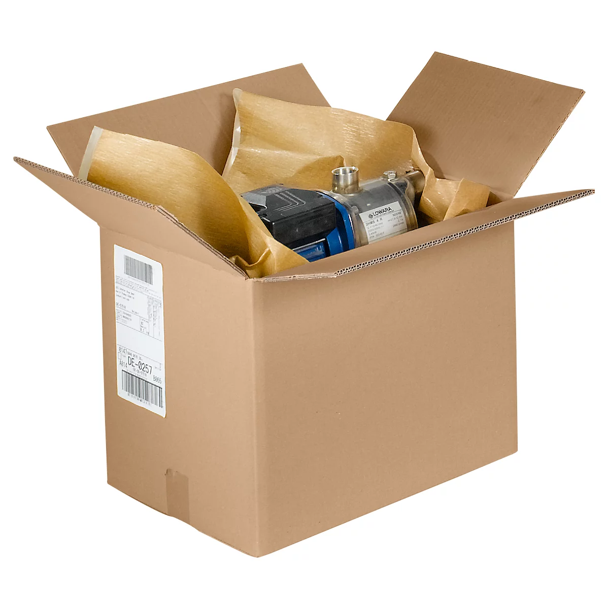 A brown cardboard box with a pump packaged in brown paper. There is a label on the box.