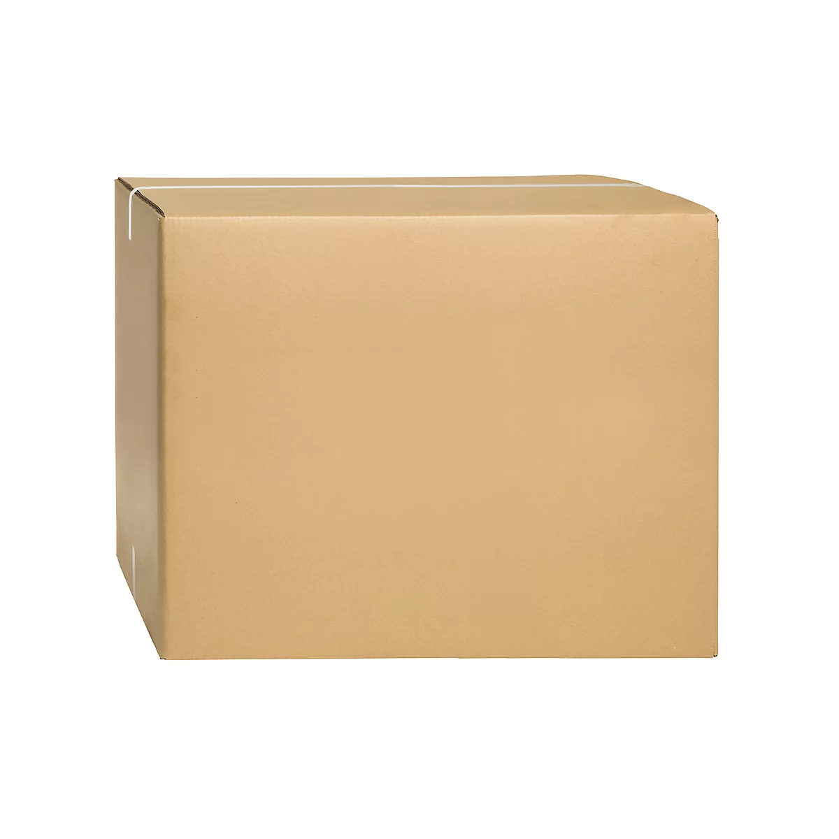 Brown, square cardboard box, closed and against a white background.