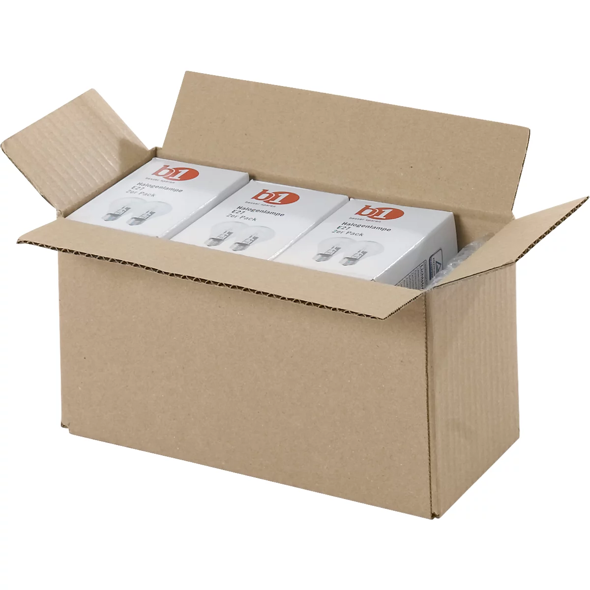 Opened cardboard box, filled with white boxes. Red logos and product names can be seen on the boxes.