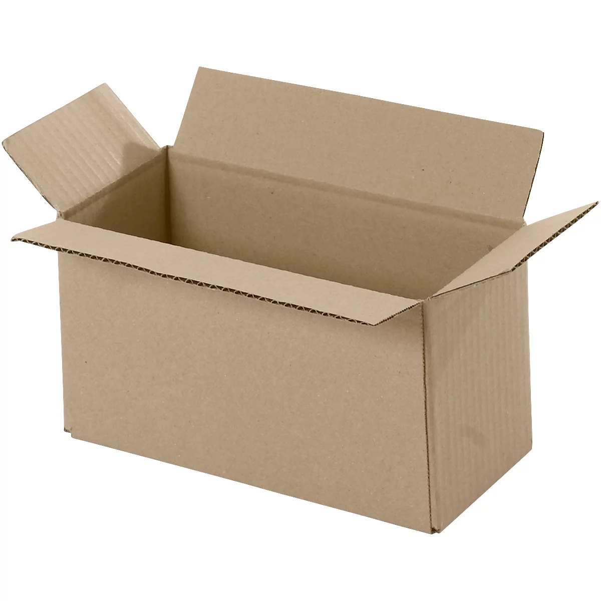 Open, rectangular cardboard box with flaps folded up. The inside and outside of the box is brown.