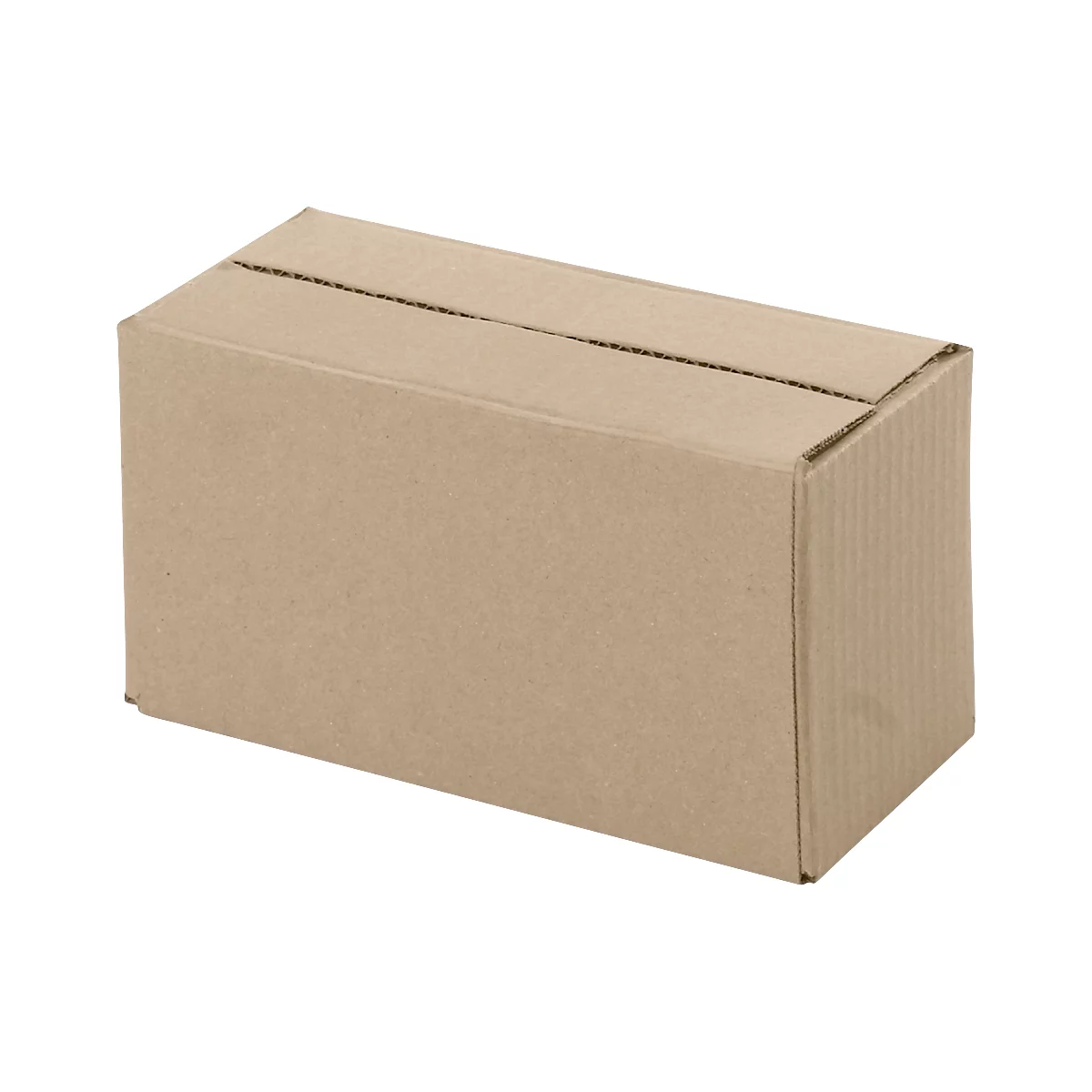 A rectangular cardboard box in brown, folded and glued.