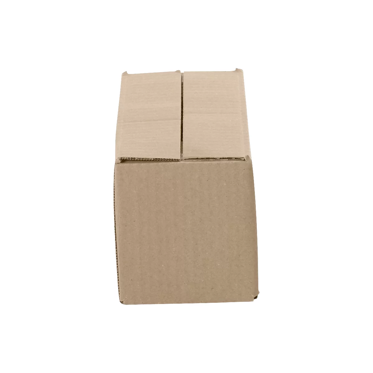 Top view of a brown cardboard box. The box is partially open.