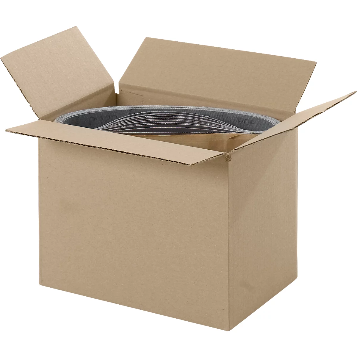 An open cardboard box containing sanding belts. The belts are arranged in a ring.