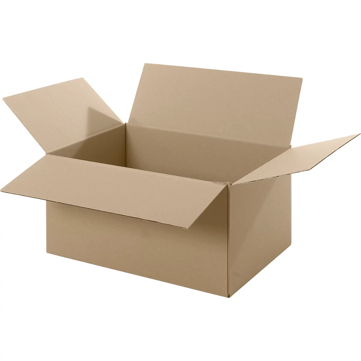 Open cardboard box made of brown cardboard, flaps are open.