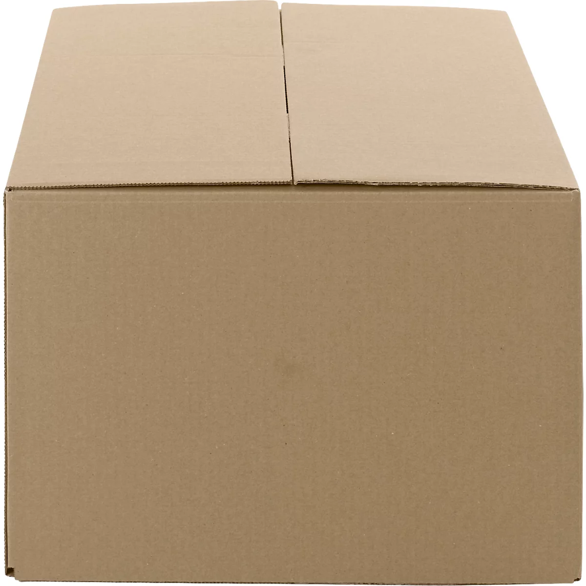 Closed brown cardboard box with folded lid flaps.