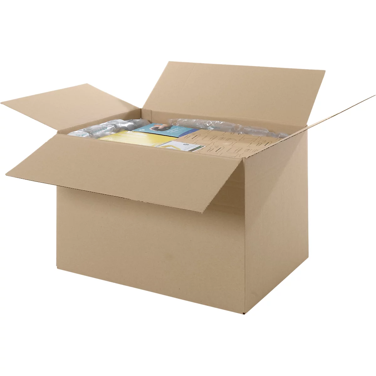 Open brown shipping box with contents, packaging material and products.