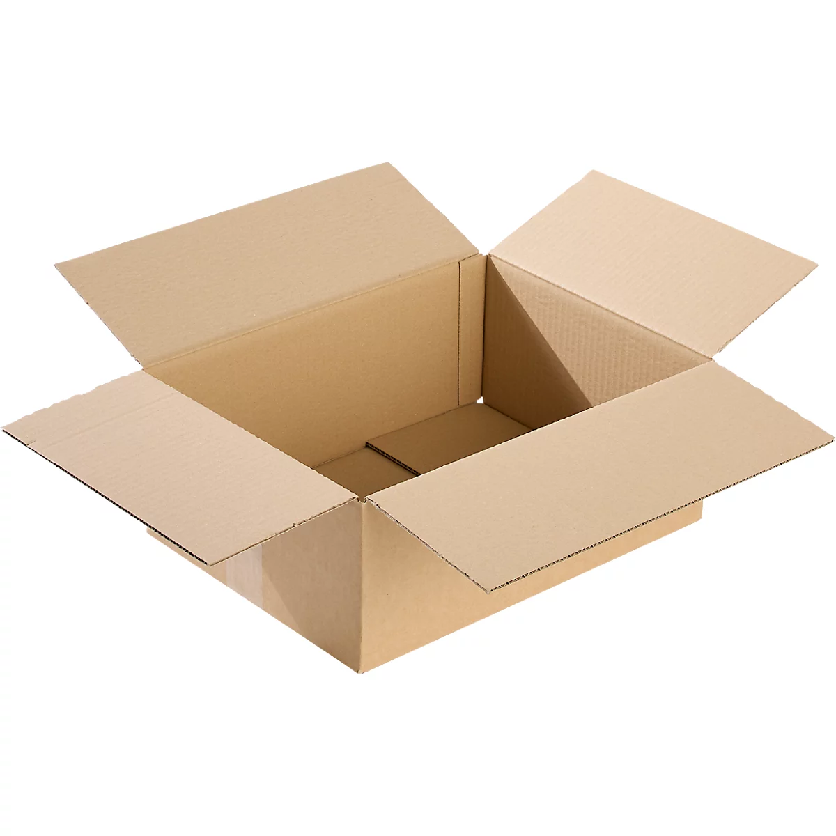 Open, empty cardboard box with lid flaps folded up.