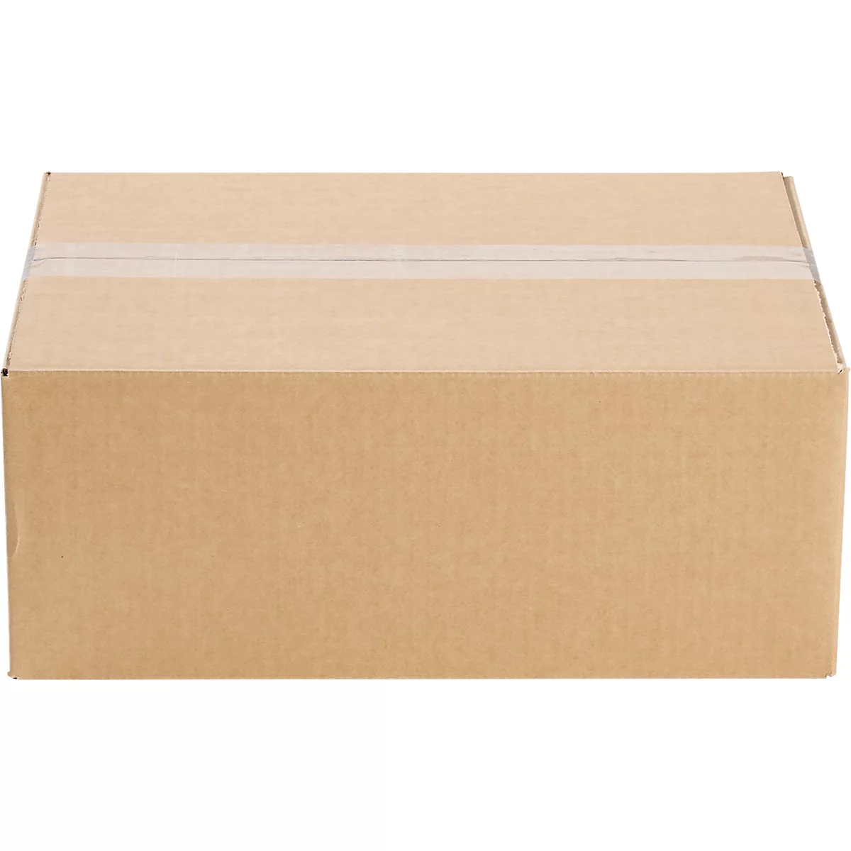 Brown, rectangular shipping box with tape on top.