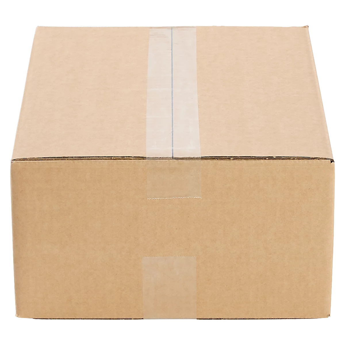 Brown cardboard box with white tape. Perspective shot.