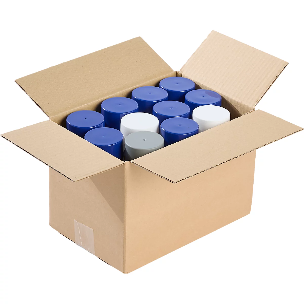 Opened cardboard box filled with blue, white, and gray spray cans.