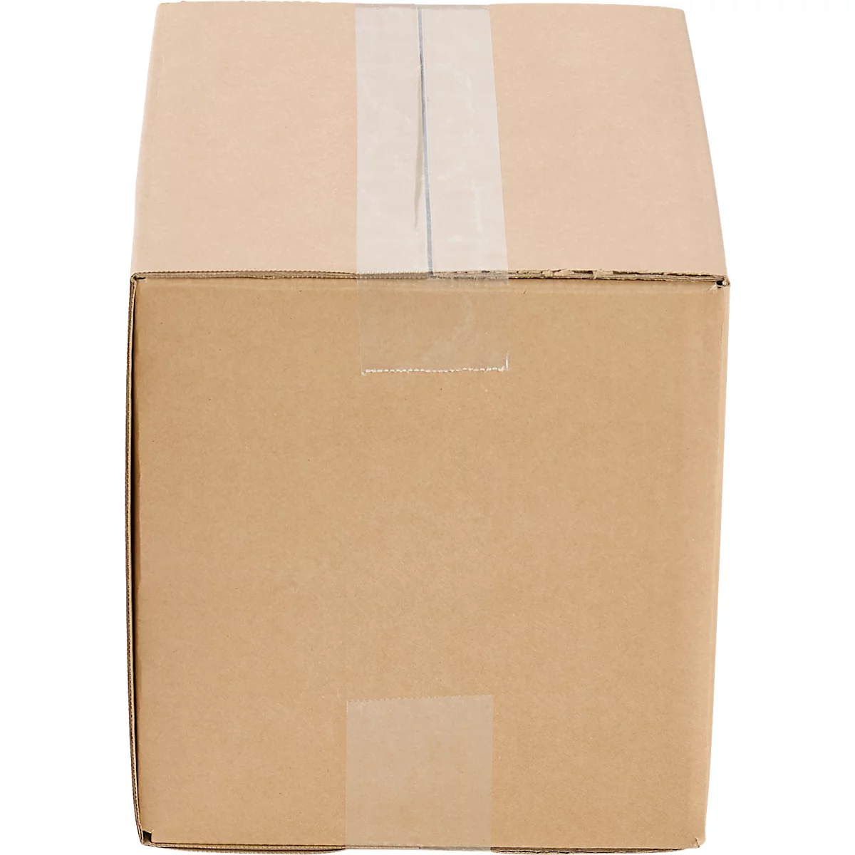 An open, brown cardboard box, sealed with clear tape.