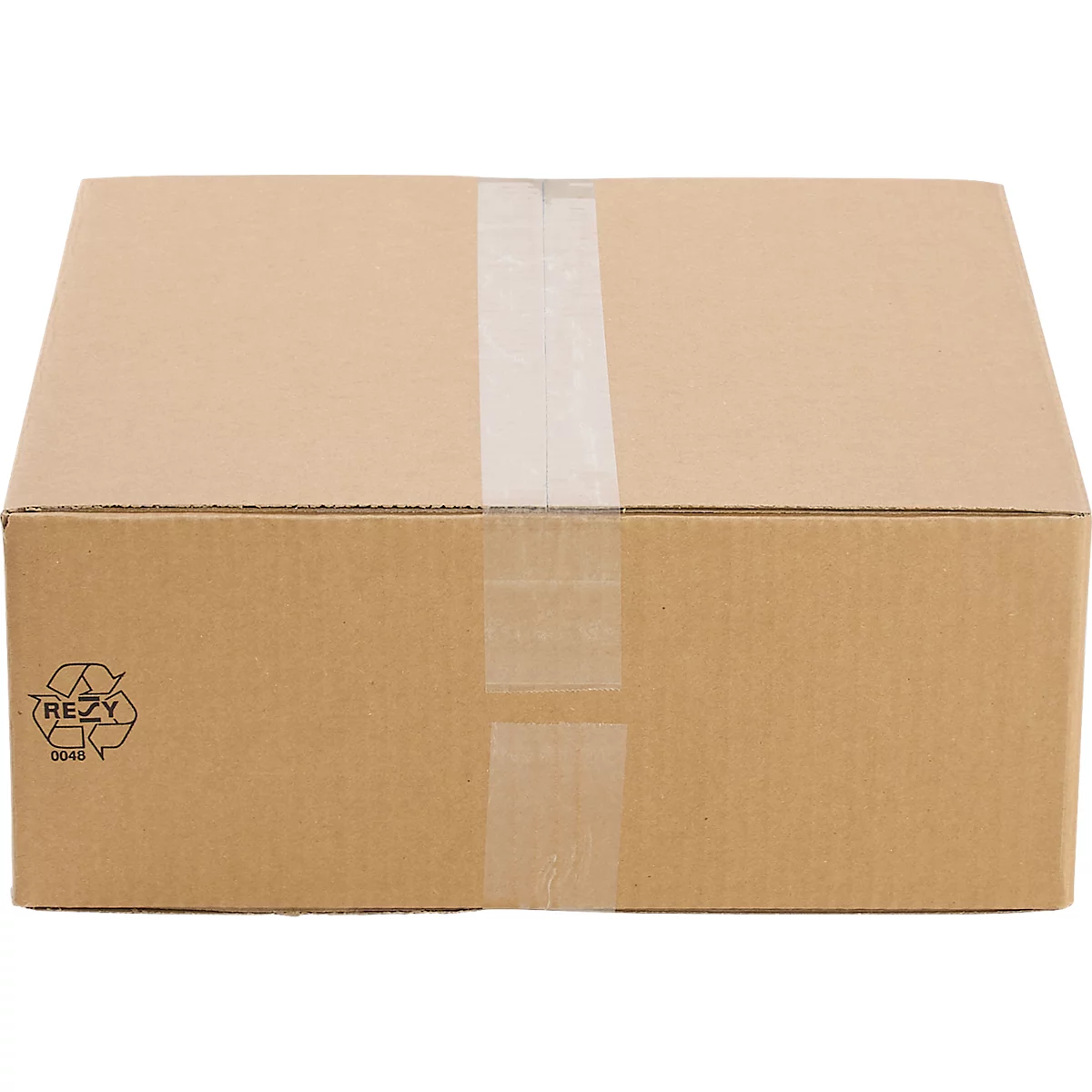 Brown cardboard box sealed with tape and recycling symbol.