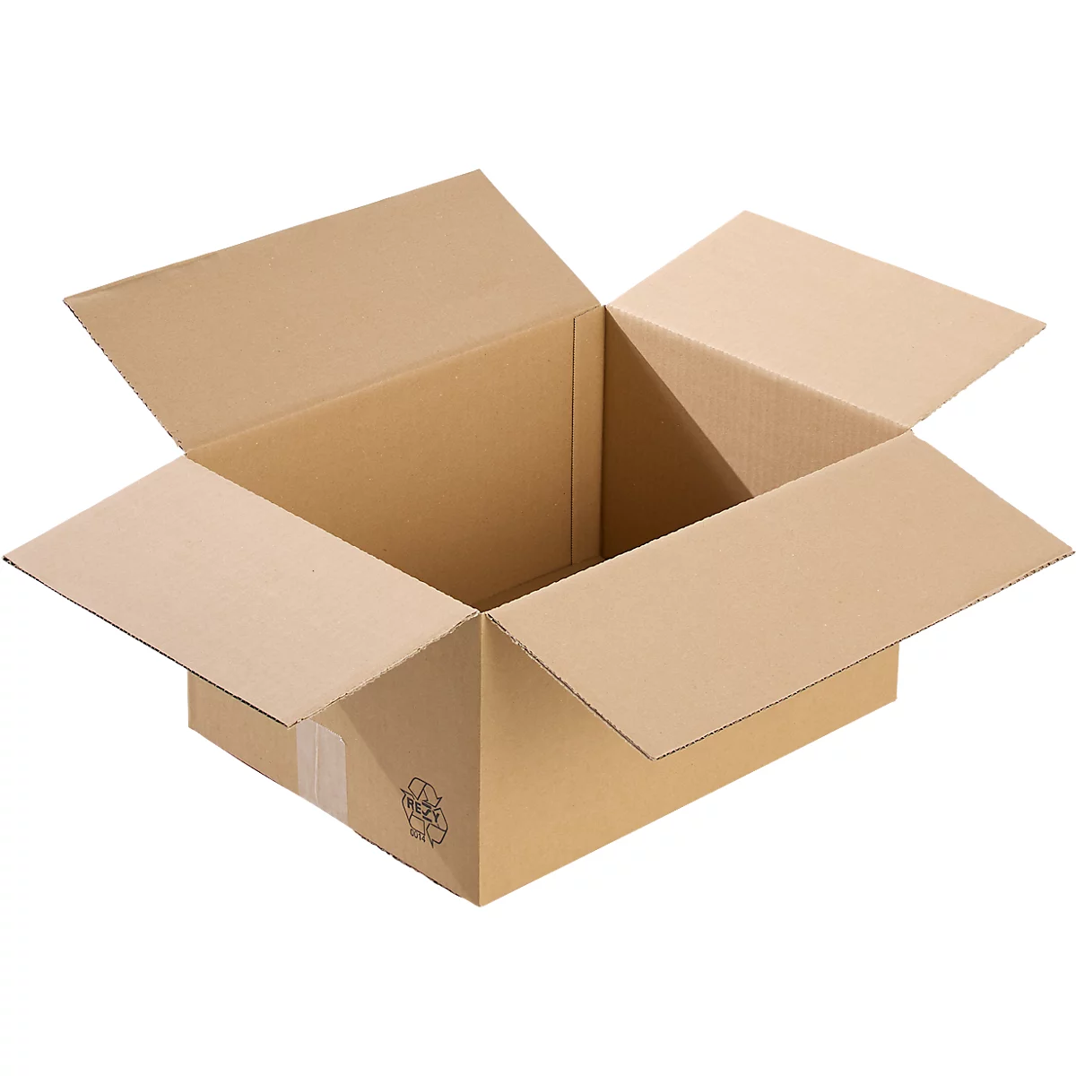 Open brown cardboard box with flaps raised, recycling symbol visible.