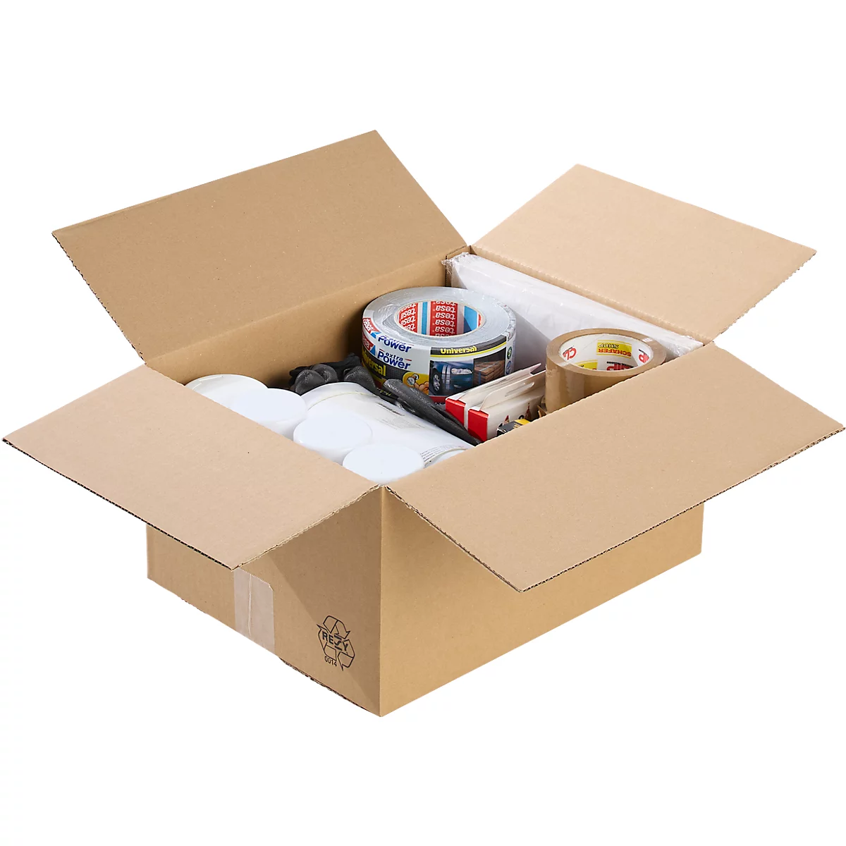 Opened brown cardboard box filled with tapes, packaging materials, and other supplies. The box is slightly tilted.