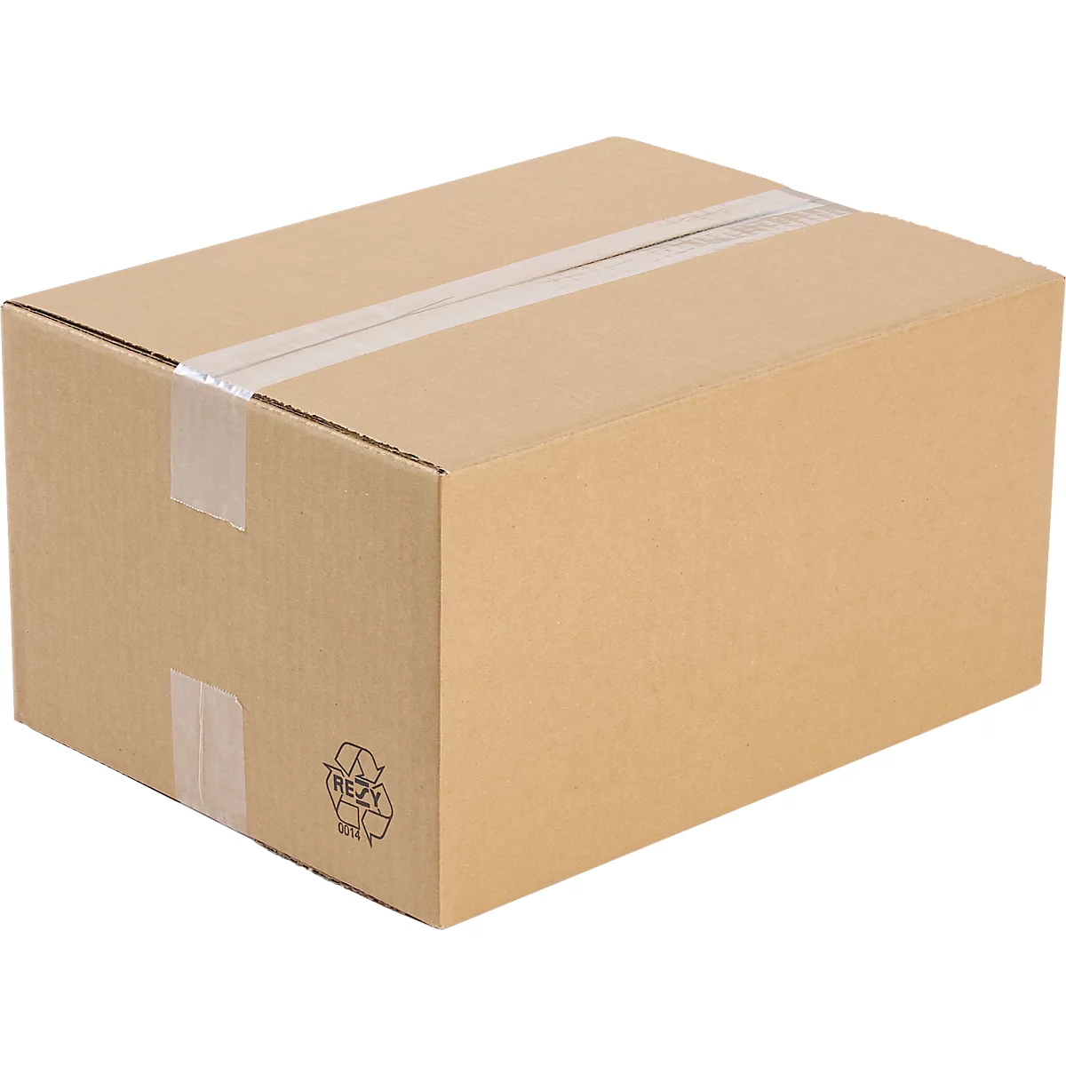 A closed brown cardboard box with tape. A recycling symbol is printed.