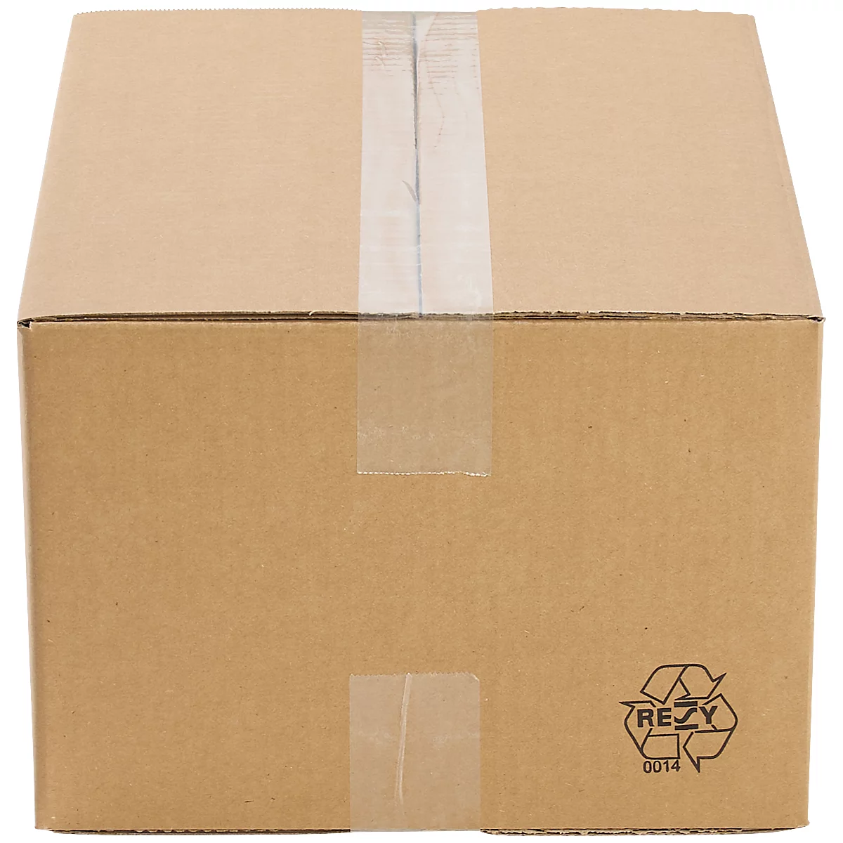 Brown cardboard box, sealed with tape, recycling symbol.
