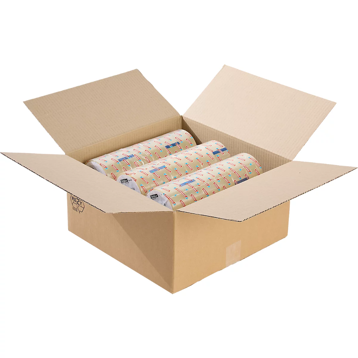 An open cardboard box with three rolled paper products. The products are printed with colorful patterns.