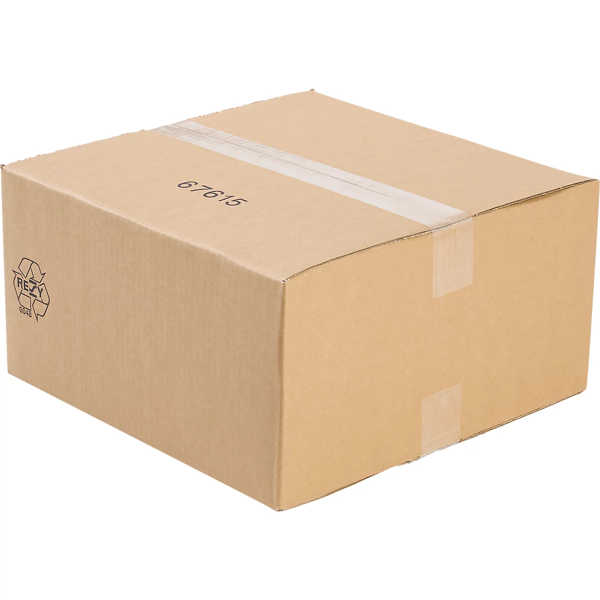 Brown cardboard box, sealed with tape. The numbers "67615" and a recycling symbol are printed on it.