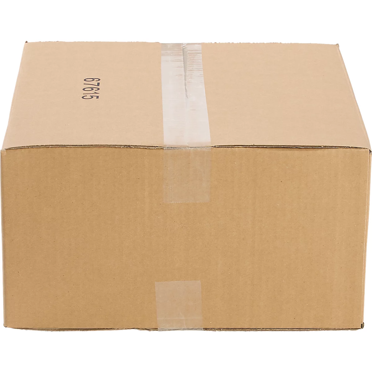 A closed, brown cardboard box. Adhesive tape is applied to the top, as well as the number "67615".